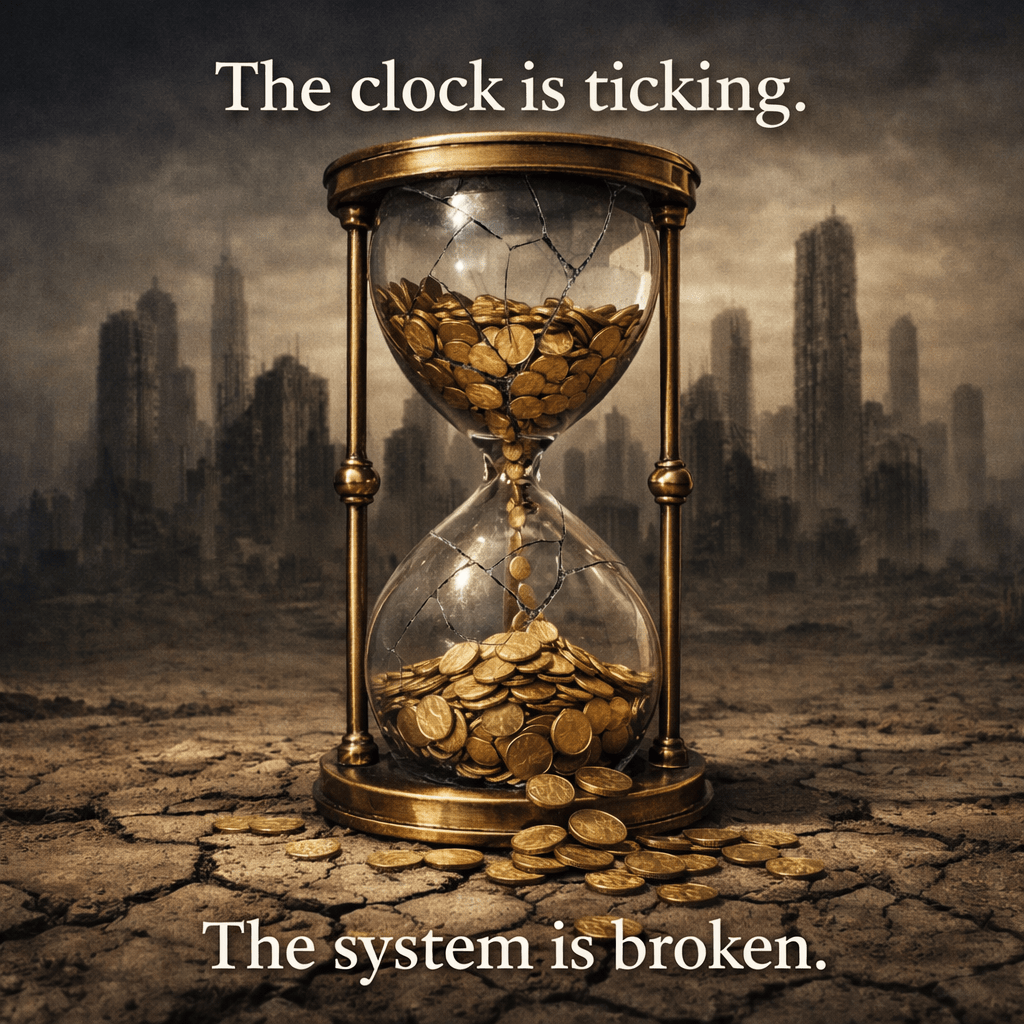 A broken hourglass with gold coins flowing through and spilling onto cracked earth with dark city ruins in background